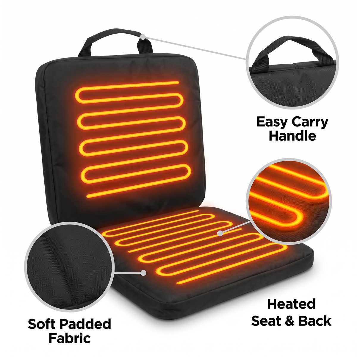 Warmery heated seat details: soft padded fabric, heated seat and back, easy carry handle