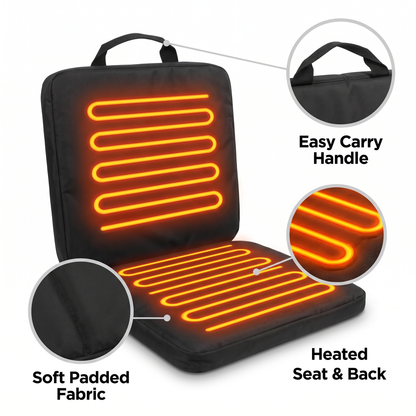 Warmery heated seat details: soft padded fabric, heated seat and back, easy carry handle