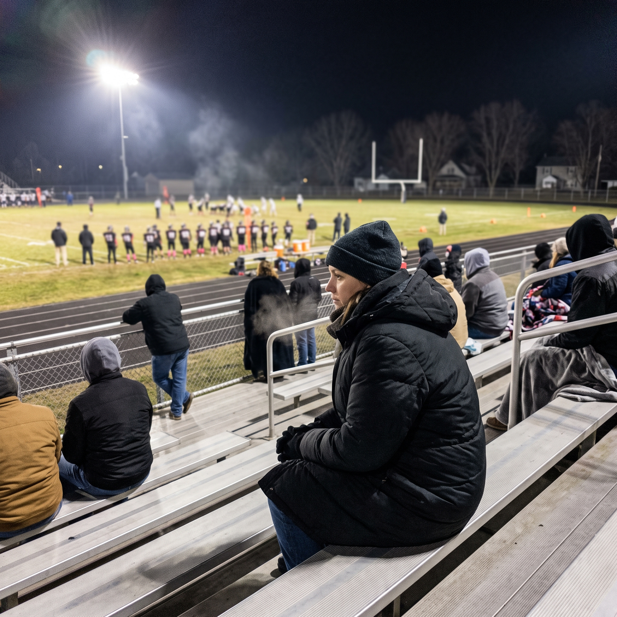 Cold parent on stadium bleachers